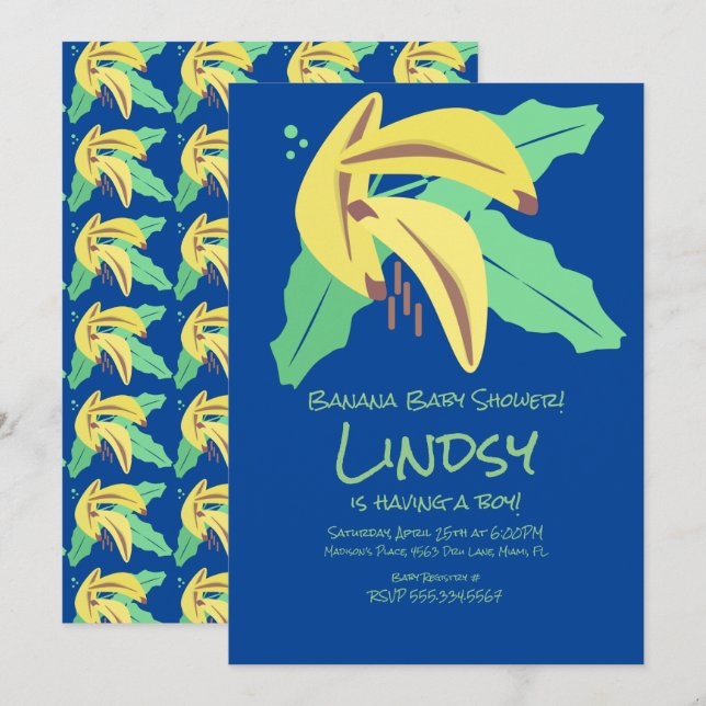 Invitación de Baby Shower Retro Banana Blue Boy (Anverso / Reverso)