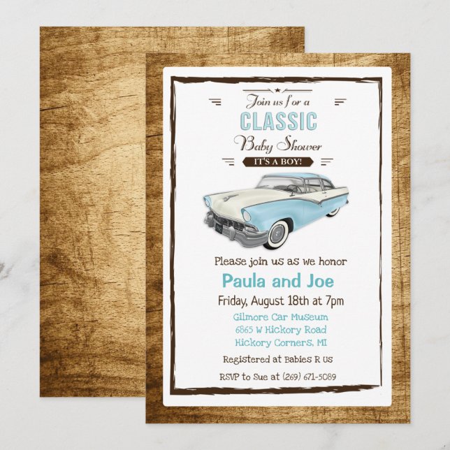 Invitación de Baby Shower Retro de Coche Clásico (Anverso / Reverso)