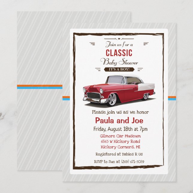 Invitación de Baby Shower Retro de Coche Clásico (Anverso / Reverso)