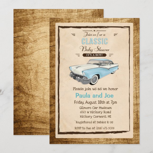 Invitación de Baby Shower Retro de Coche Clásico (Anverso / Reverso)