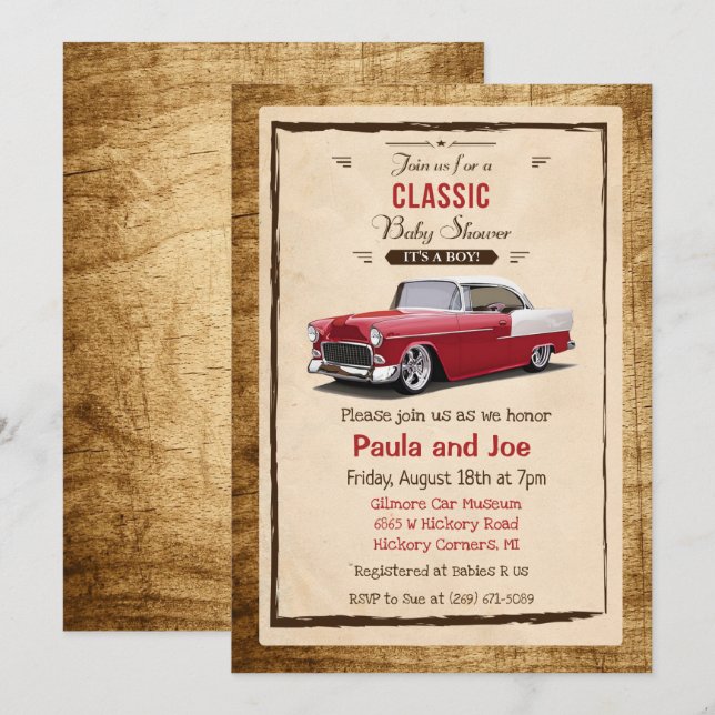 Invitación de Baby Shower Retro de Coche Clásico (Anverso / Reverso)
