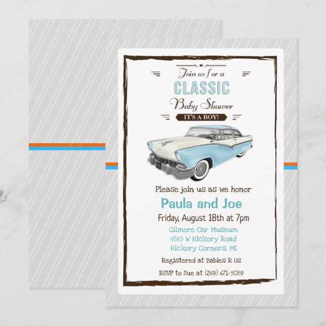 Invitación de Baby Shower Retro de Coche Clásico (Anverso / Reverso)