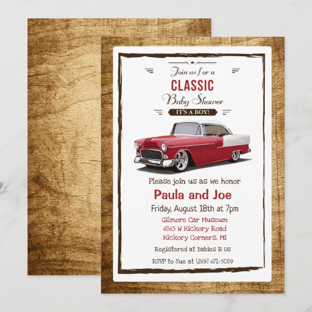 Invitación de Baby Shower Retro de Coche Clásico (Anverso / Reverso)