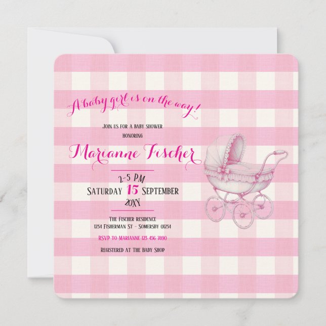 Invitación de baby shower retro para niña (Anverso)