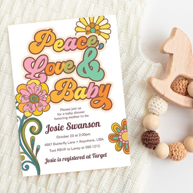 Invitación de baby shower Retro Paz Amor Bebé Dais (Retro Peace Love Baby Daisy Baby Shower Invitation)