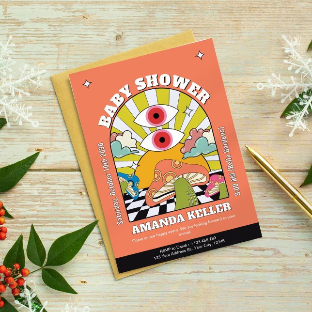 Invitación de Baby Shower retro psicodélico (Subido por el creador)