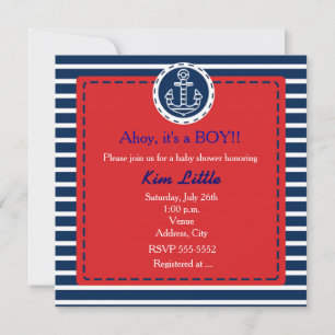 Invitación de baby shower roja ancla marina naval