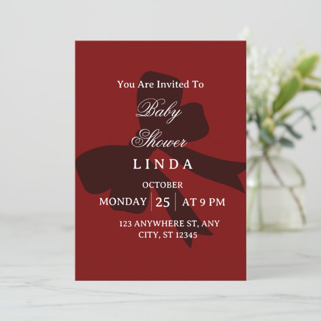 Invitación de baby shower roja elegante (Anverso de pie)