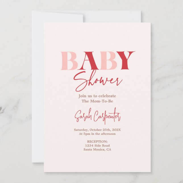 Invitación de Baby Shower roja y rosa (Anverso)