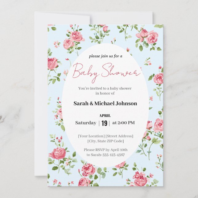 Invitación de Baby Shower rosa (Anverso)