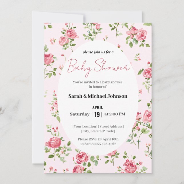 Invitación de Baby Shower rosa (Anverso)