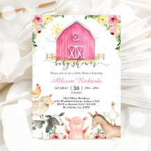 Invitación de Baby Shower Rosa Animales de Granja