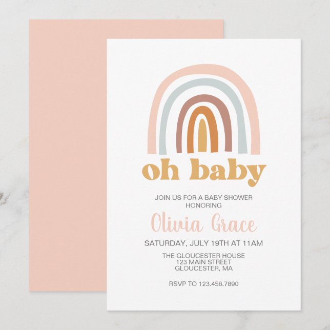 Invitación de Baby Shower rosa Boho Rainbow (Anverso / Reverso)