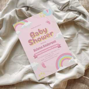 Invitación de baby shower rosa caprichosa con arco