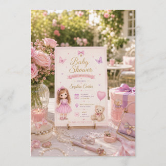 Invitación de baby shower rosa con niña linda
