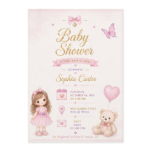 Invitación de baby shower rosa con niña linda
