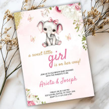 Invitación de baby shower rosa con un elefante lin