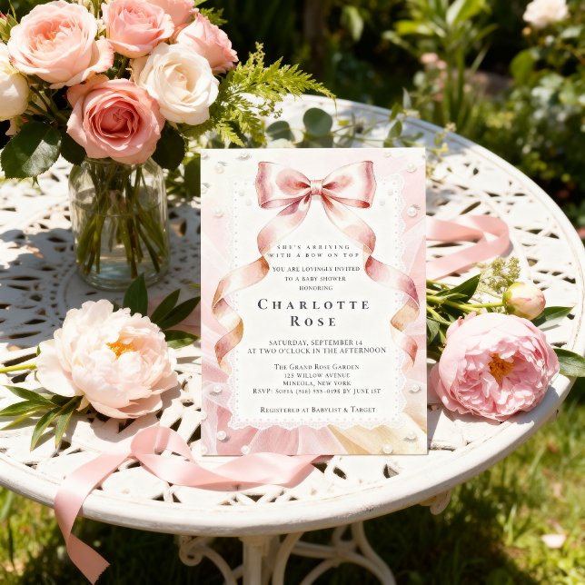 Invitación de Baby Shower Rosa Coquette con Lazo (Subido por el creador)