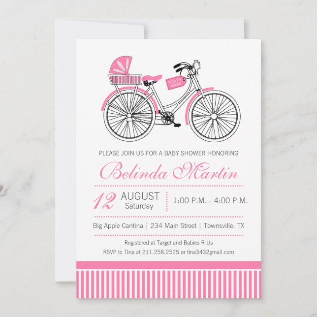 Invitación de baby shower rosa de bicicleta (Anverso)