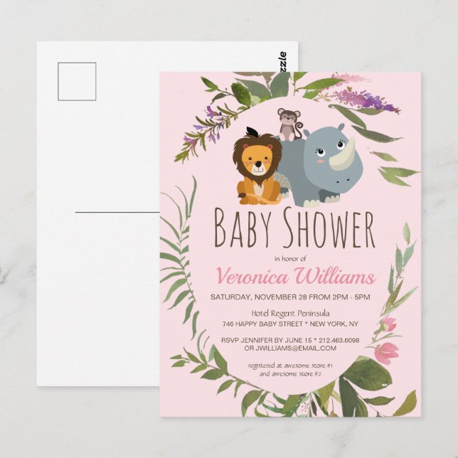 Invitación de Baby Shower rosa de los chicas Jungl (Anverso / Reverso)