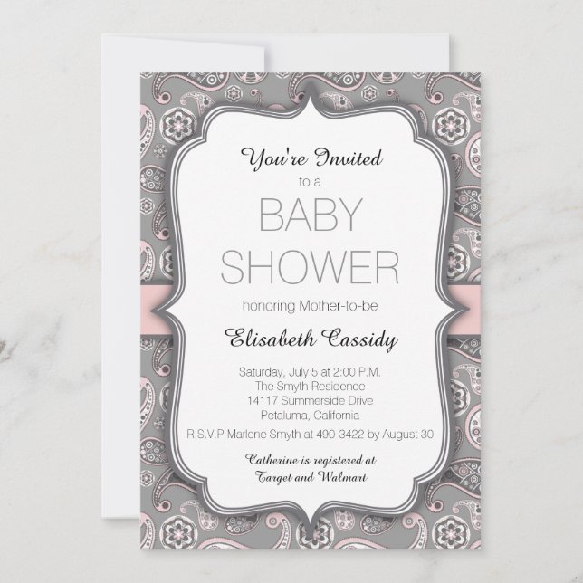 Invitación de Baby Shower rosa de Paisley bonito (Anverso)