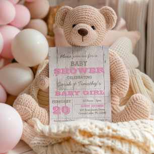 Invitación de Baby Shower rosa de Whitewash