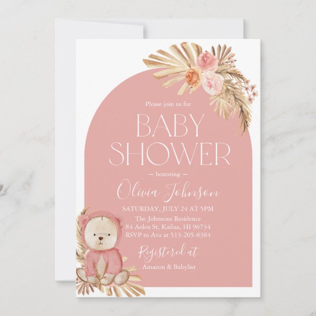 Invitación de Baby Shower rosa del Chica Boho Tedd (Anverso)