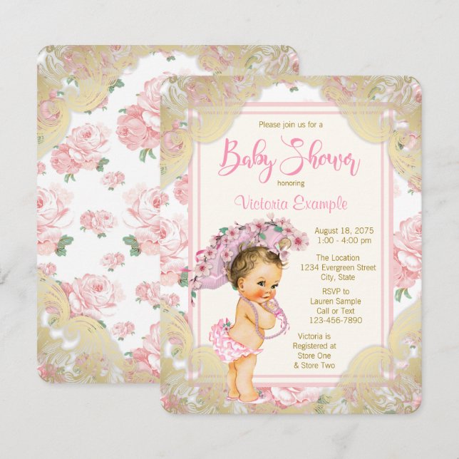 Invitación de Baby Shower Rosa Dorado Rosa (Anverso / Reverso)