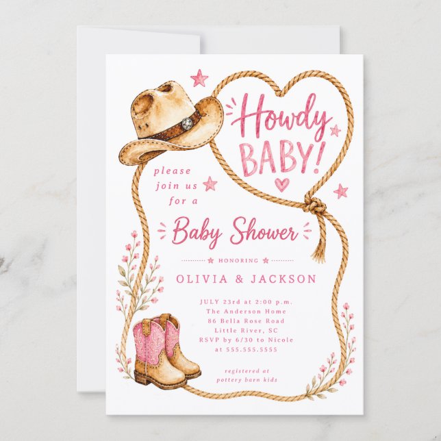Invitación de baby shower rosa Howdy (Anverso)
