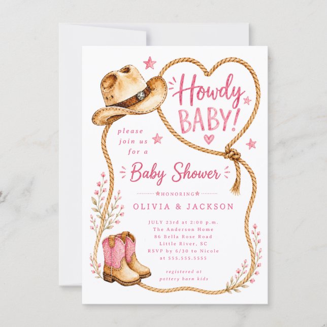 Invitación de baby shower rosa Howdy (Anverso)