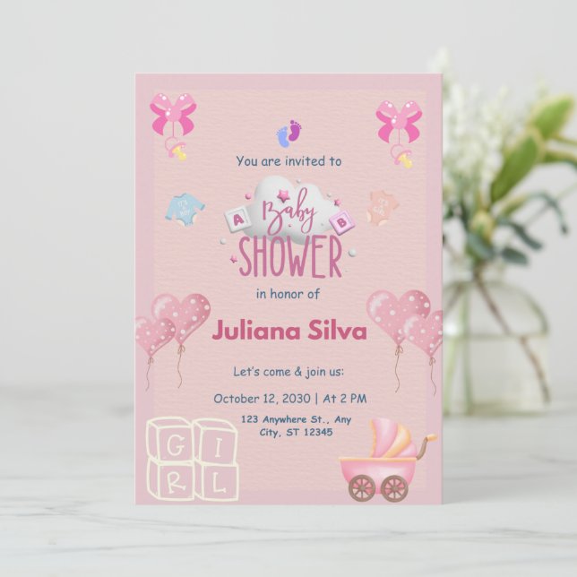 Invitación de Baby Shower rosa juguetona (Anverso de pie)
