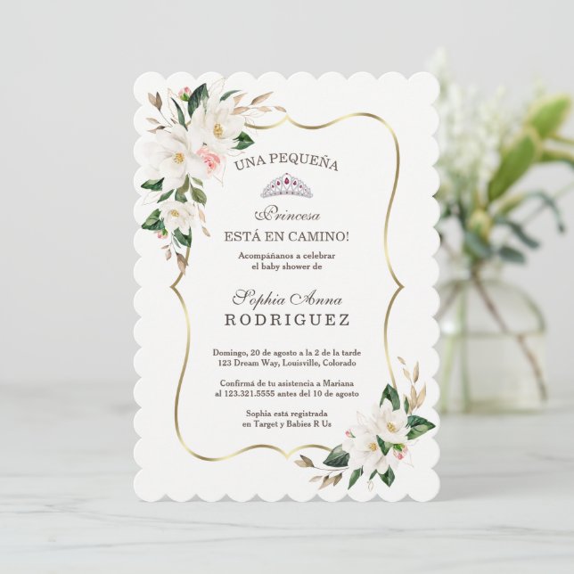 Invitación de Baby Shower rosa magnolia blanca (Anverso de pie)