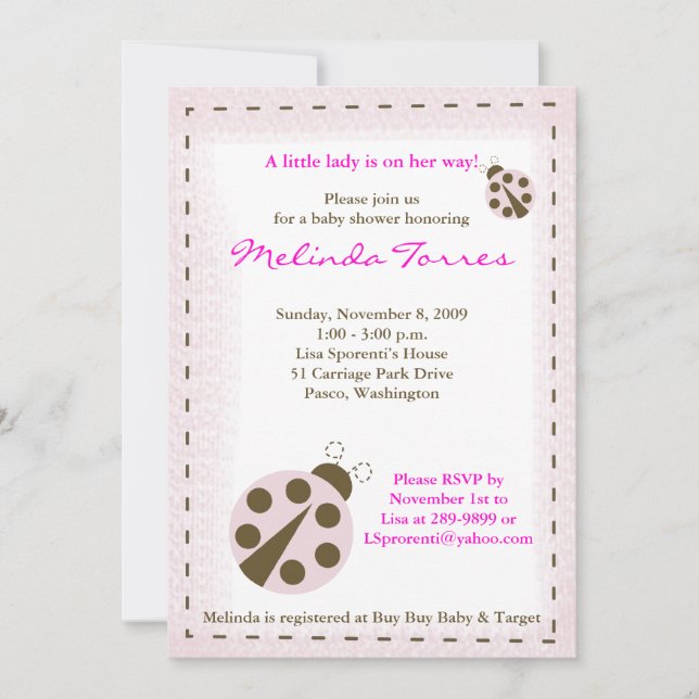 Invitación de Baby Shower rosa Mod Ladybug 5x7 (Anverso)