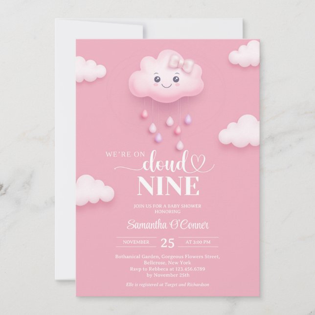 Invitación de Baby Shower rosa moderno en Nueve Nu (Anverso)