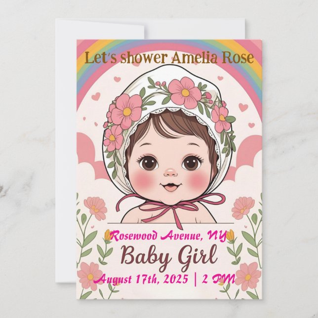 Invitación de Baby Shower Rosa para Niña (Anverso)