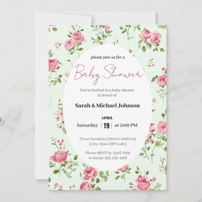Invitación de Baby Shower Rosa Pastel (Anverso)