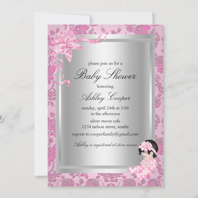 Invitación de Baby Shower rosa rosa bonito (Anverso)
