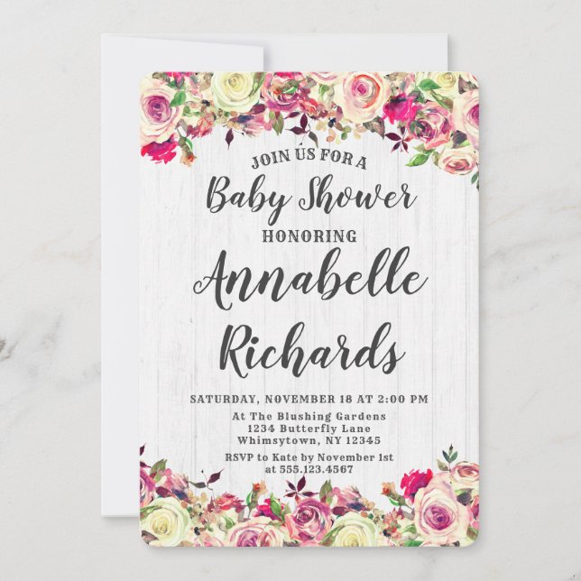 Invitación de Baby Shower Rosa rosa y verde de Rub (Anverso)