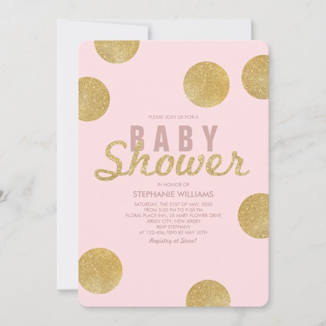 Invitación de Baby Shower rosa Rubor Purpurina de  (Anverso)