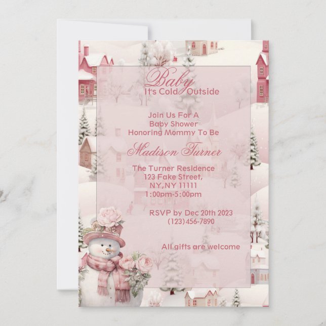 Invitación de Baby Shower rosa - Tema de invierno (Anverso)