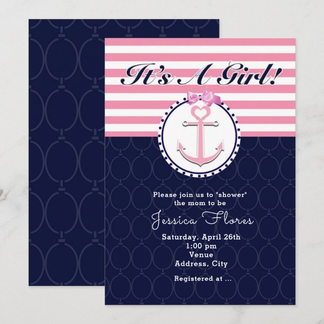 Invitación de Baby Shower rosa y azul de ancla náu (Anverso / Reverso)