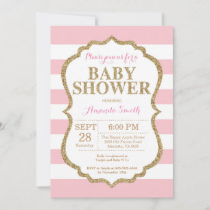 Invitación de Baby Shower Rosa y Dorado con Brillo