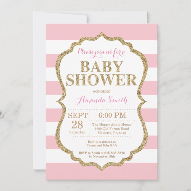 Invitación de Baby Shower Rosa y Dorado con Brillo (Anverso)