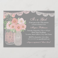 Invitación de baby shower rosa y gris en tarro de