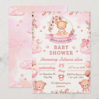 Invitación de baby shower rosa y marrón