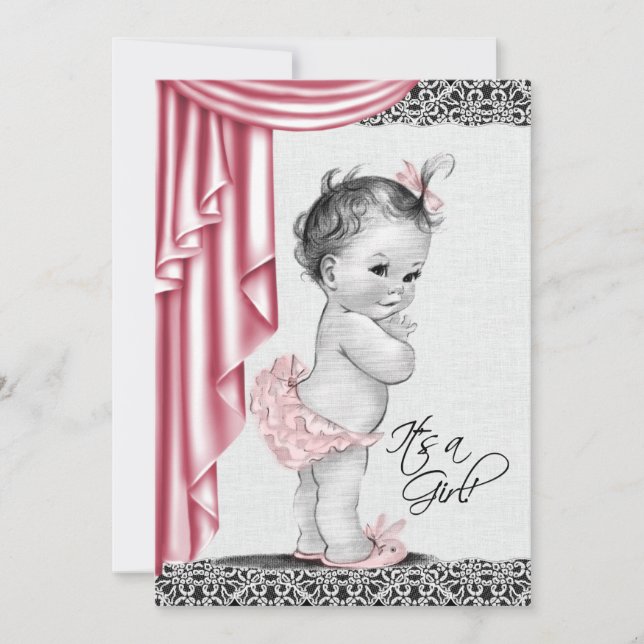 Invitación de baby shower rosa y negro para bebé d (Anverso)