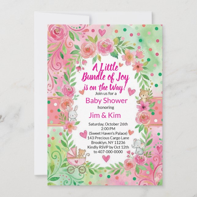 Invitación de baby shower rosa y verde (Anverso)