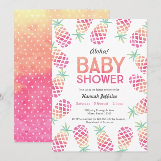 Invitación de Baby Shower rosada a la piña tropica (Anverso / Reverso)