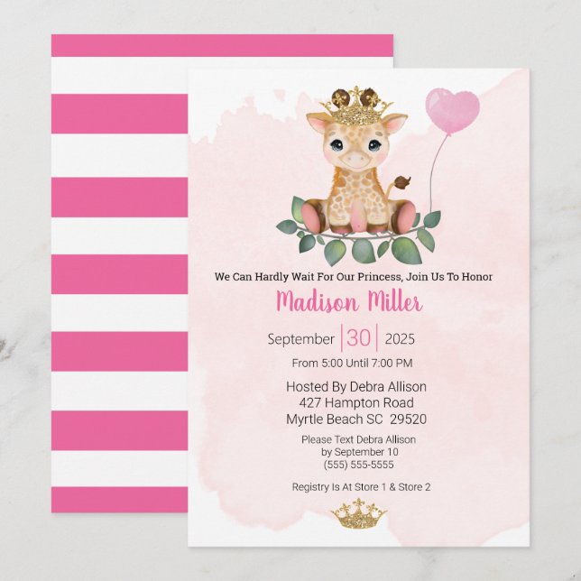 Invitación de Baby Shower rosada a la princesa Gir (Anverso / Reverso)