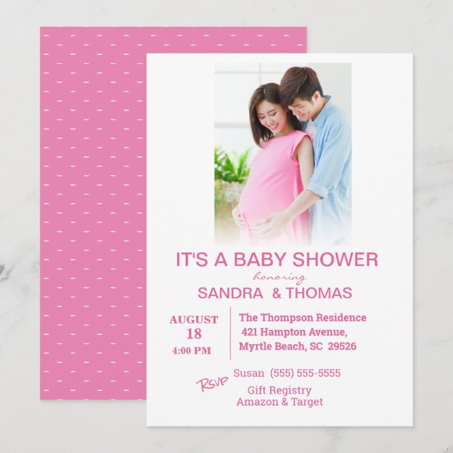 Invitación de Baby Shower rosada a las parejas (Anverso / Reverso)